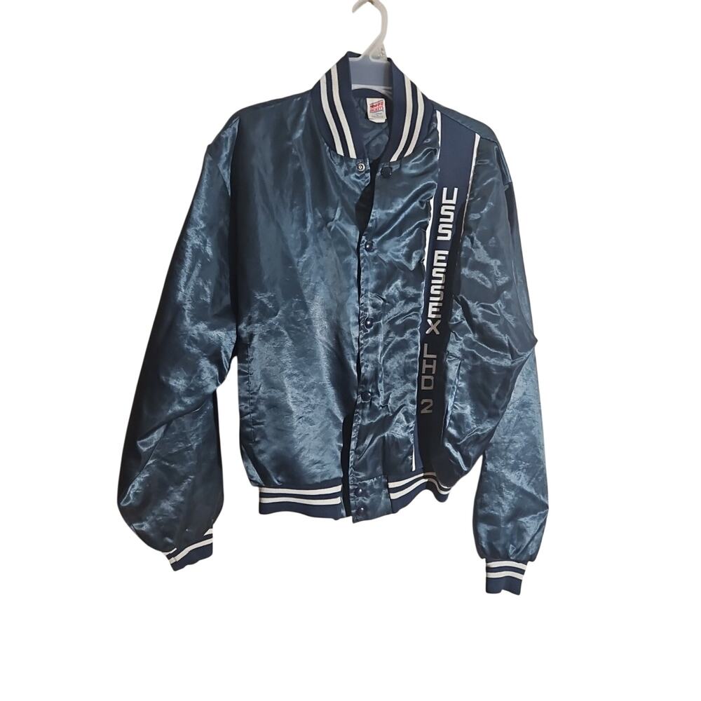 Vintage 80s US Navy USS Essex LHD 2 Satin Bomber Jacket Blue Sz XL